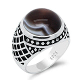 New Vintage Men Ring with Natural Agate Stone in Sterling Silver - ringsuniverse