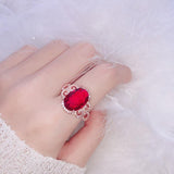 Vintage Big Oval Lab Created Ruby Gemstone Silver Ring - Rings Universe
