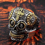 Colorful Gothic Gold Carving Kapala Skull Rings - ringsuniverse