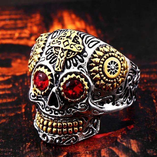 Colorful Gothic Gold Carving Kapala Skull Rings Rings Universe