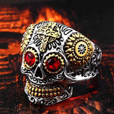 Colorful Gothic Gold Carving Kapala Skull Rings - ringsuniverse