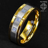 Silver Tungsten Ring 18K Gold Brushed Diamonds Ring - ringsuniverse