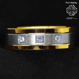 Silver Tungsten Ring 18K Gold Brushed Diamonds Ring - ringsuniverse