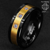 8mm Black Tungsten Ring Brushed 18K Gold Diamonds ATOP-LUXURY Men's Wedding Band - ringsuniverse