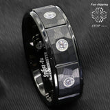 Black Brushed Rock Brick Tungsten Ring 3 Diamonds Inlay Ring - ringsuniverse
