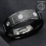 Black Brushed Rock Brick Tungsten Ring 3 Diamonds Inlay Ring - ringsuniverse