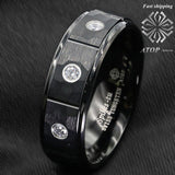 Black Brushed Rock Brick Tungsten Ring 3 Diamonds Inlay Ring - ringsuniverse