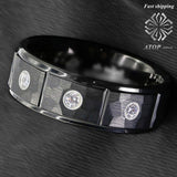 Black Brushed Rock Brick Tungsten Ring 3 Diamonds Inlay Ring - ringsuniverse